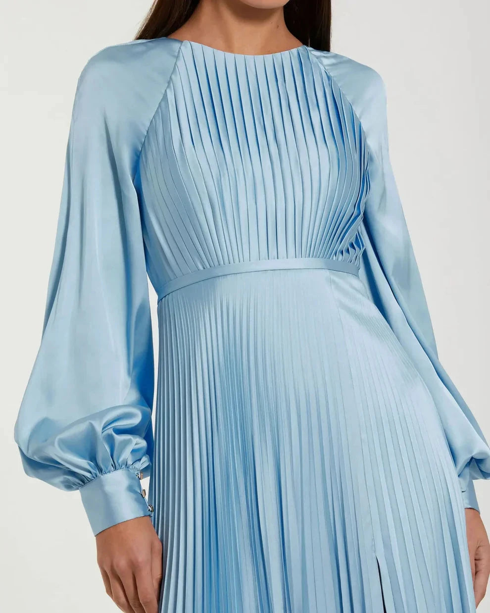 Elegant Sky Blue Pleated Satin Gown Round Neck Balloon Long Sleeves Zipper Back High Slit Floor-Length Evening Dresses by LANQI DRESS