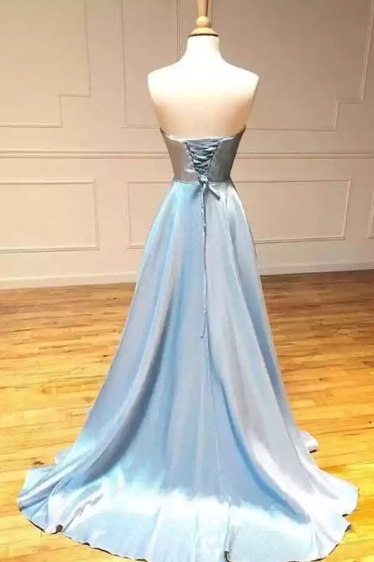 Elegant Sky Blue Satin A-Line Dress with Sweetheart Neck & Lace-Up Back