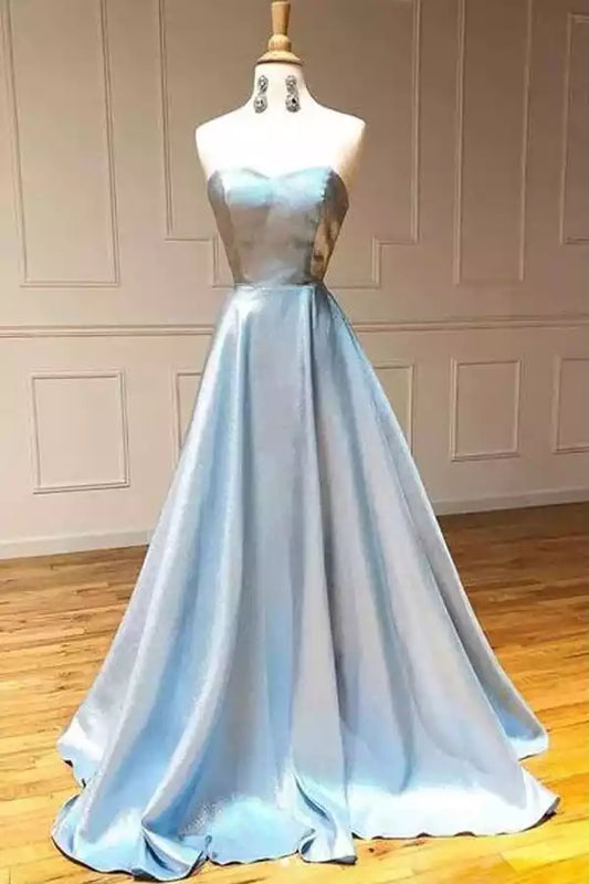 Elegant Sky Blue Satin A-Line Dress with Sweetheart Neck & Lace-Up Back