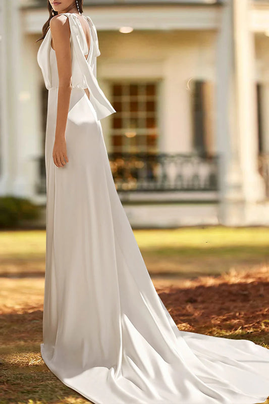 Elegant Sleeveless Wedding Dress with Draped Bodice & Flowing Chapel Train