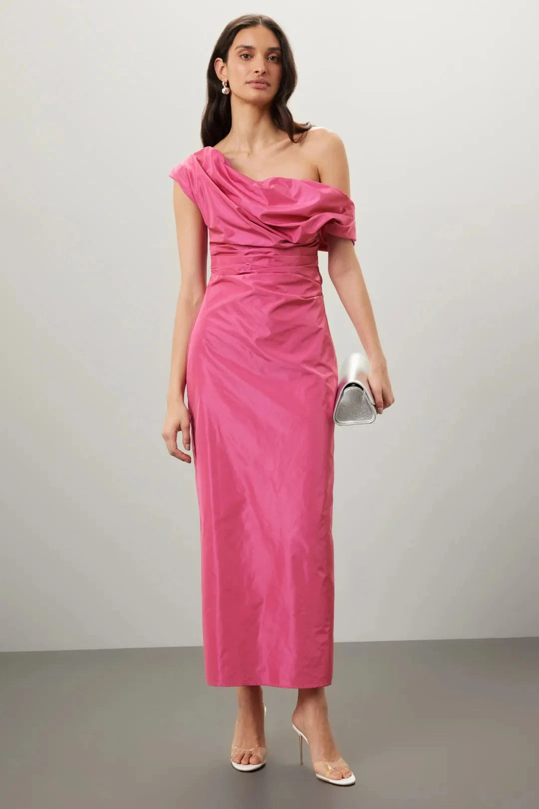 Elegant Solid Taffeta Maxi Asymmetrical One-Shoulder Ruched Detail Evening Dresses by LANQI DRESS