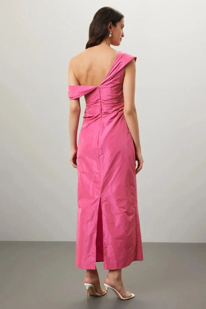 Elegant Solid Taffeta Maxi Asymmetrical One-Shoulder Ruched Detail Evening Dresses by LANQI DRESS