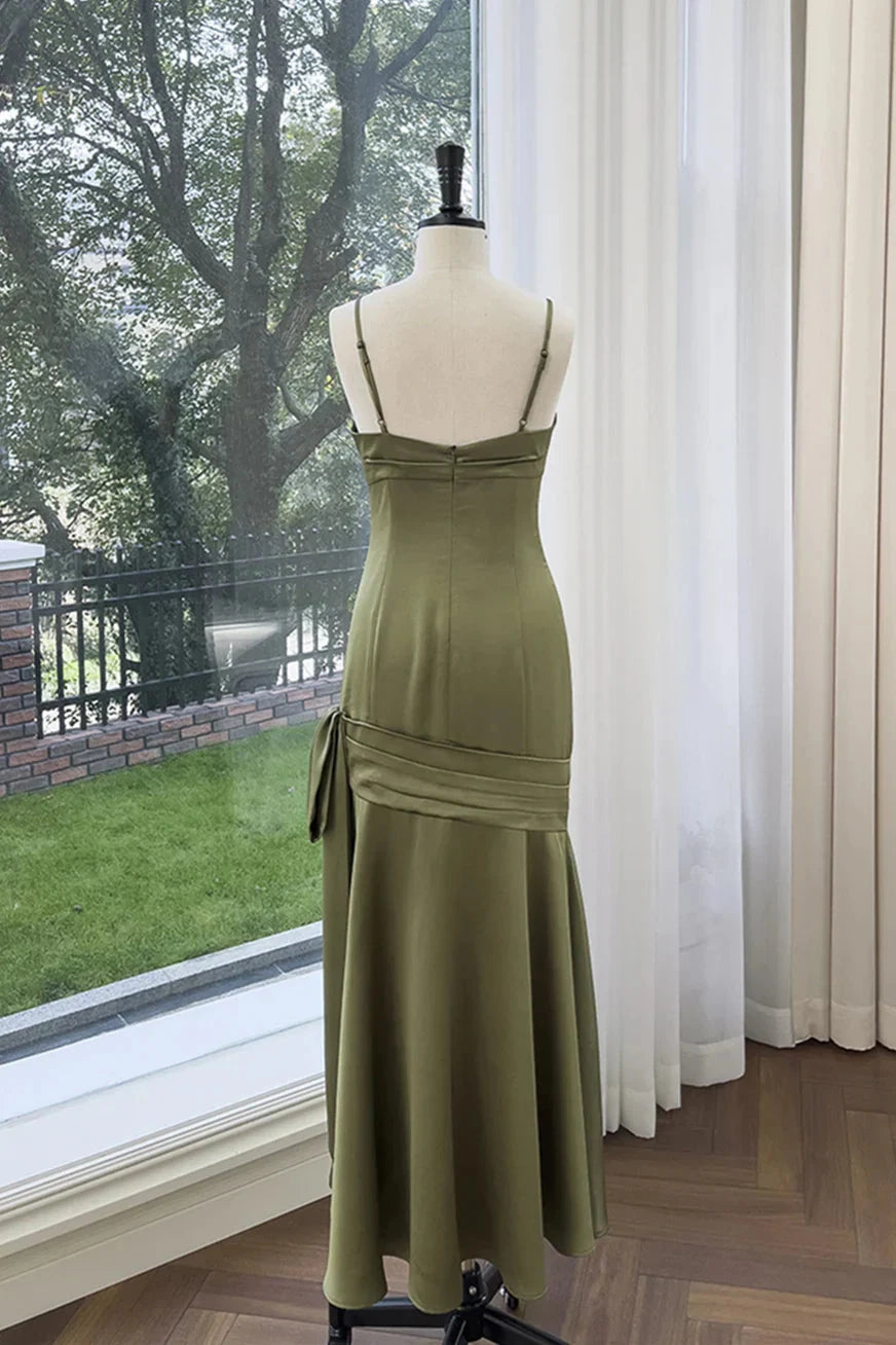 Elegant Spaghetti Strap Sweetheart Neck Satin Mermaid Prom Dress with Side Bow Detail by JiMiss Dresses