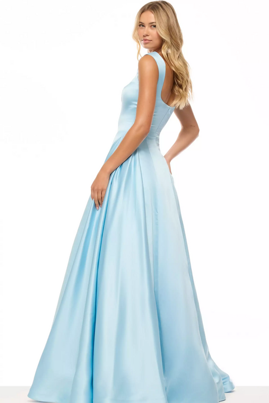 Elegant Square Neck Cap Sleeve Open Back Pocket Satin Ball Dress Prom Dress