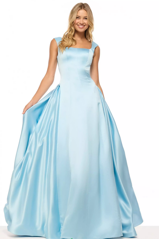 Elegant Square Neck Cap Sleeve Open Back Pocket Satin Ball Dress Prom Dress