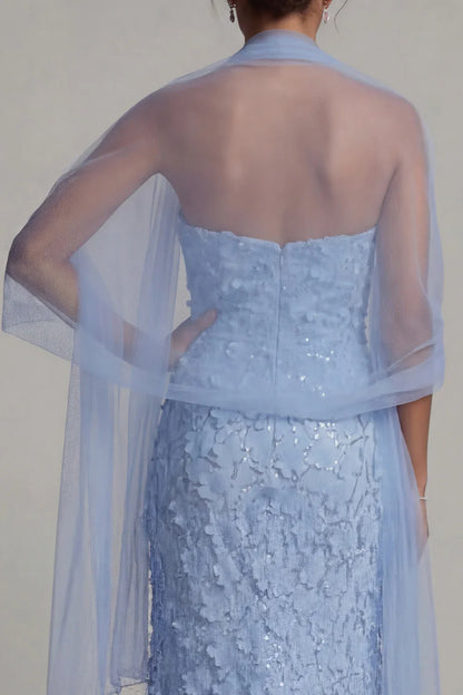 Elegant Strapless 3D Floral Sequin Mermaid Mother of the Bride Dress with Tulle Shawl