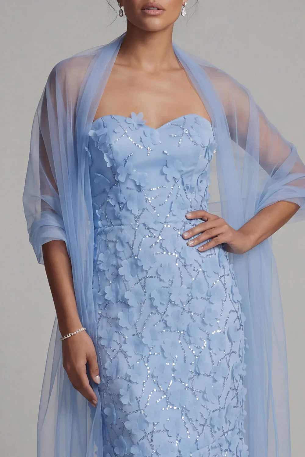Elegant Strapless 3D Floral Sequin Mermaid Mother of the Bride Dress with Tulle Shawl