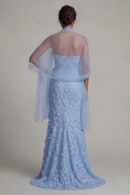 Elegant Strapless 3D Floral Sequin Mermaid Mother of the Bride Dress with Tulle Shawl