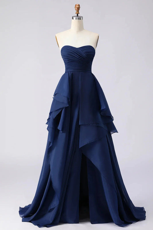 Elegant Strapless Chiffon Evening Dress with Ruched Bodice and Cascading Ruffle Slit