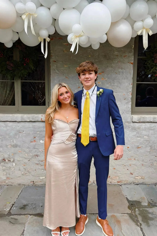 Elegant Strapless Prom Dresses with Ruched Bodice, Ruffle Trim, Side Slit and Flowing Satin Maxi Silhouette Formal Gown by JiMiss Dresses