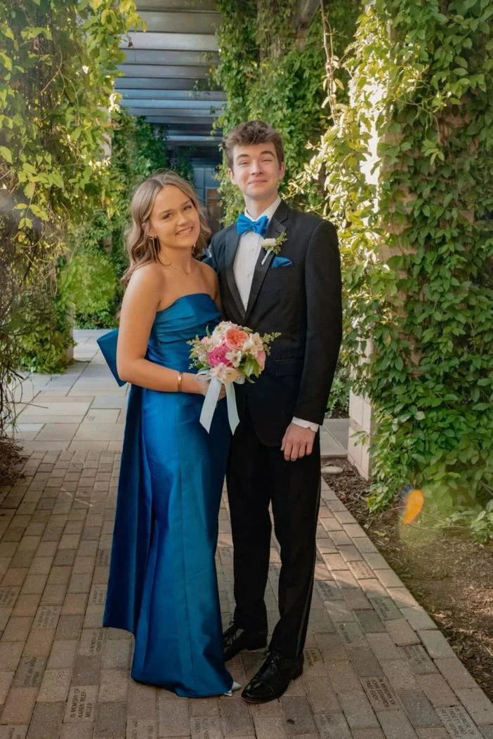 Elegant Strapless Royal Blue Satin Prom Dress with Oversized Back Bow & Floor-Length A-Line Skirt by JiMiss Dresses