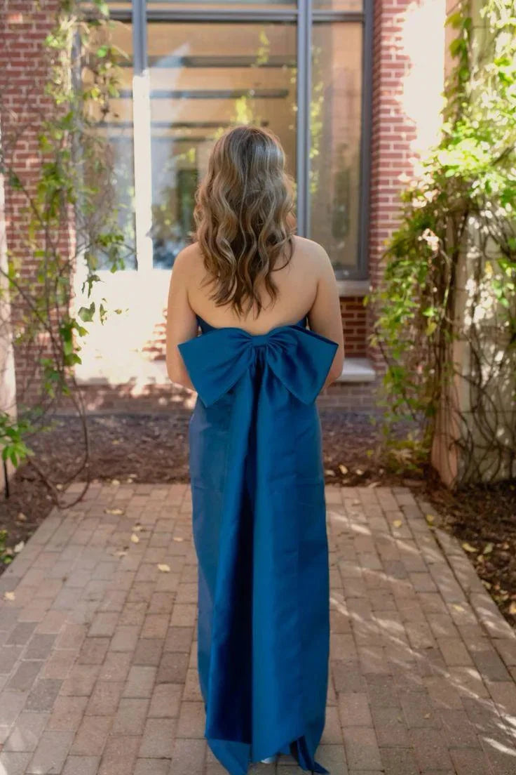 Elegant Strapless Royal Blue Satin Prom Dress with Oversized Back Bow & Floor-Length A-Line Skirt by JiMiss Dresses
