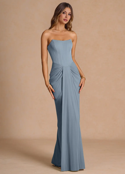 Elegant Strapless Square Neck Corset Bodice Draped Skirt Floor-Length Evening Dress