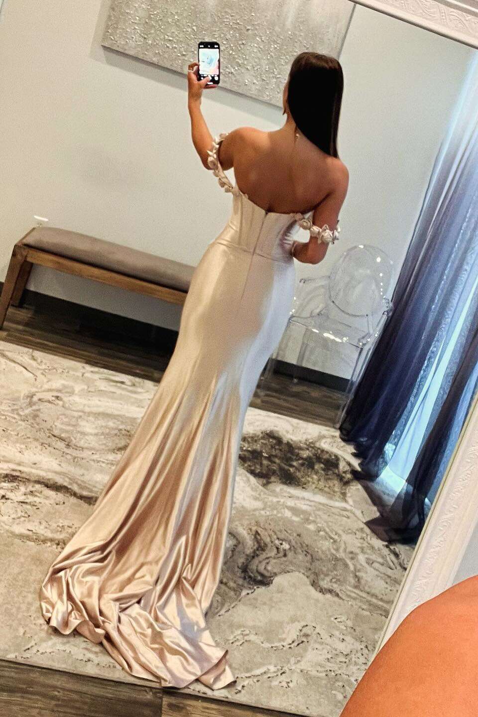 Elegant Strapless Sweetheart Satin Mermaid Prom Dress with Ruffled Off-Shoulder Detail & Low Open Back by JiMiss Dresses