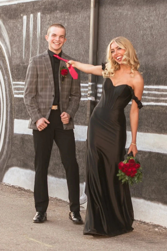 Elegant Strapless Sweetheart Satin Mermaid Prom Dress with Ruffled Off-Shoulder Detail & Low Open Back by JiMiss Dresses