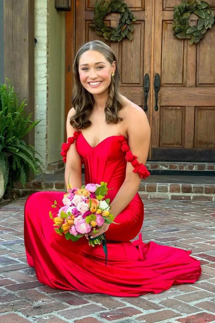 Elegant Strapless Sweetheart Satin Mermaid Prom Dress with Ruffled Off-Shoulder Detail & Low Open Back by JiMiss Dresses