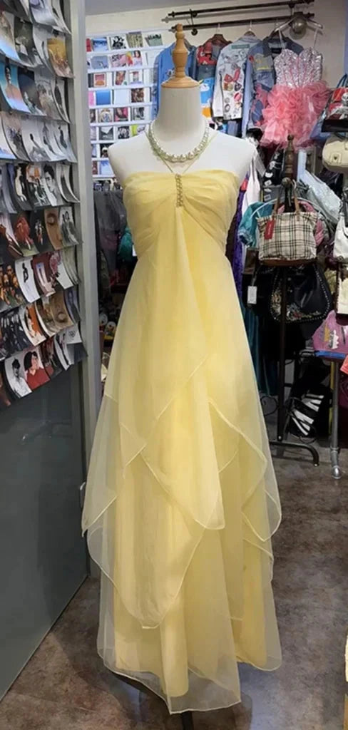 Elegant Sweet Sleeveless A-Line Tulle Long Chiffon Ball Gown Party Dress Bridesmaid Dress simple gentle atmospheric and unique desi Bring summer colors to enhance whiteness by YiHuiw