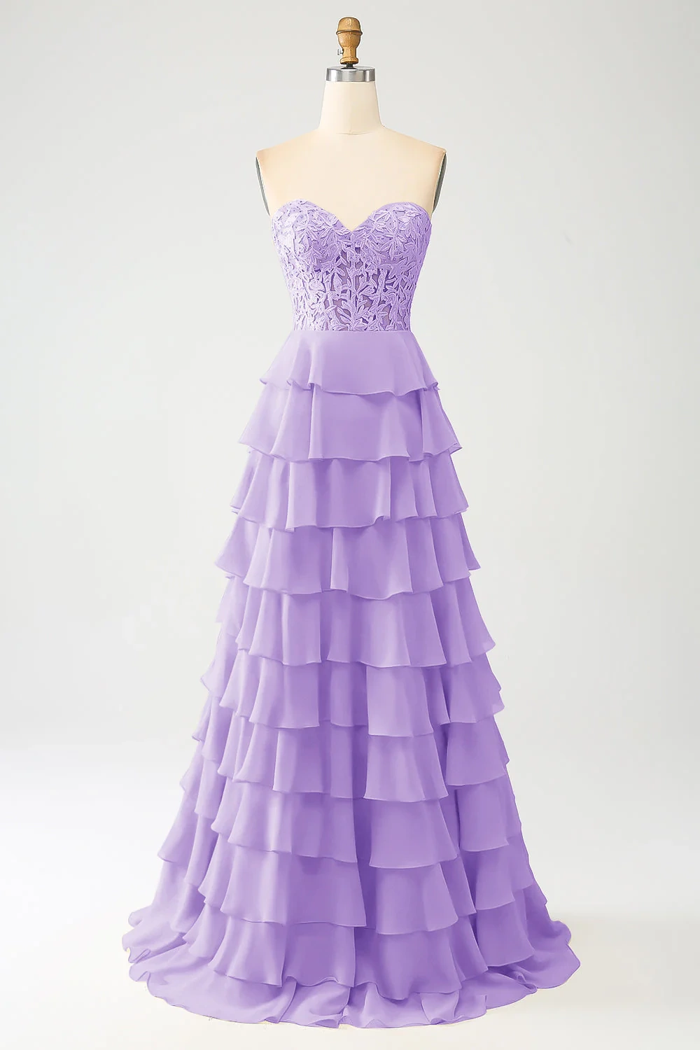Elegante vestido de noche de gasa escalonada con corpiño de encaje, escote corazón y espalda con cordones