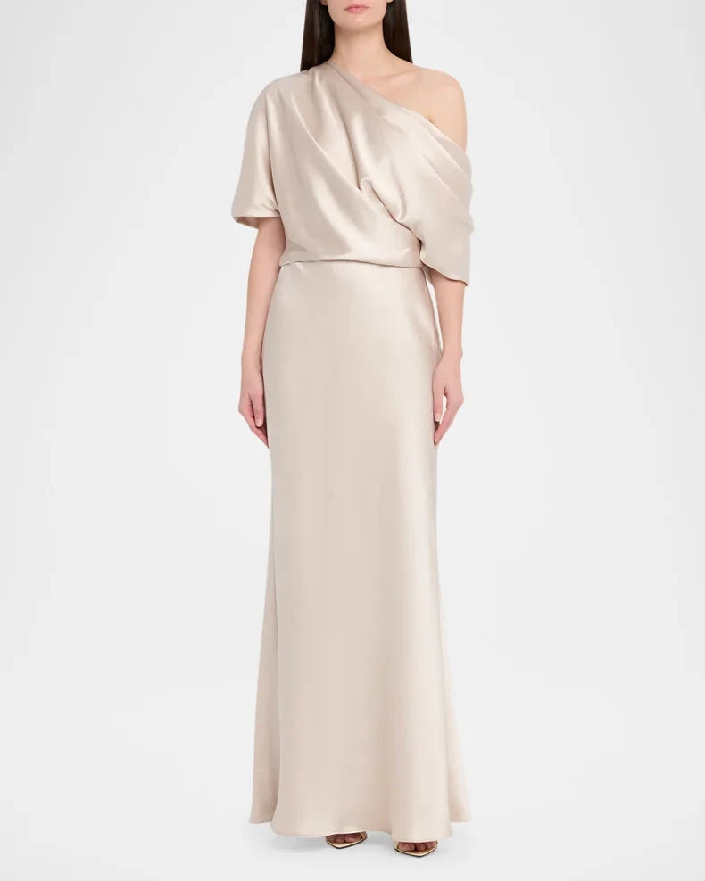 Elegant Timeless Champagne Satin Column Silhouette Asymmetrical Neck Draped Short Sleeve Floor-Length Evening Dress by LANQI DRESS