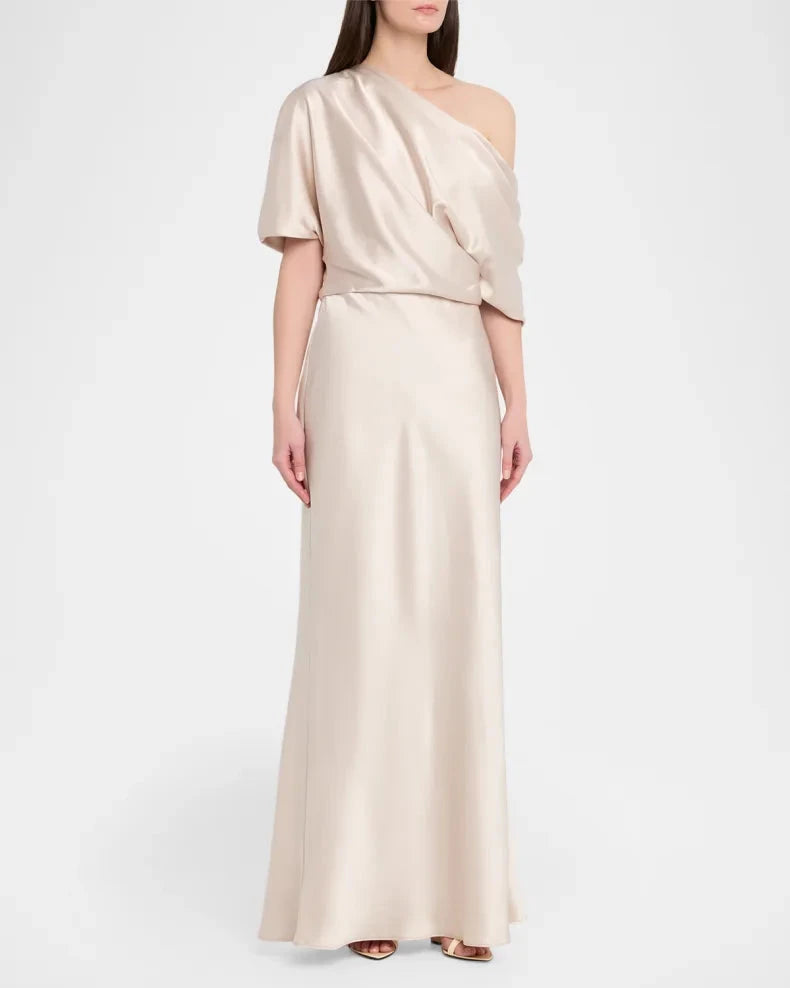 Elegant Timeless Champagne Satin Column Silhouette Asymmetrical Neck Draped Short Sleeve Floor-Length Evening Dress by LANQI DRESS