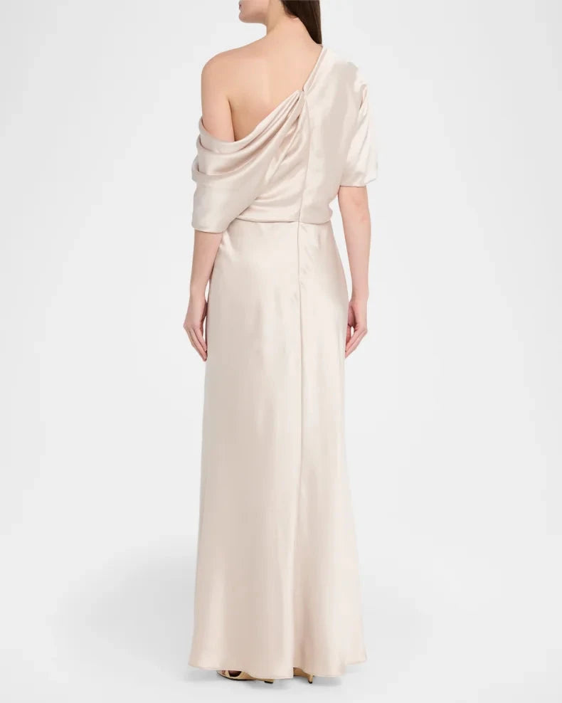 Elegant Timeless Champagne Satin Column Silhouette Asymmetrical Neck Draped Short Sleeve Floor-Length Evening Dress by LANQI DRESS