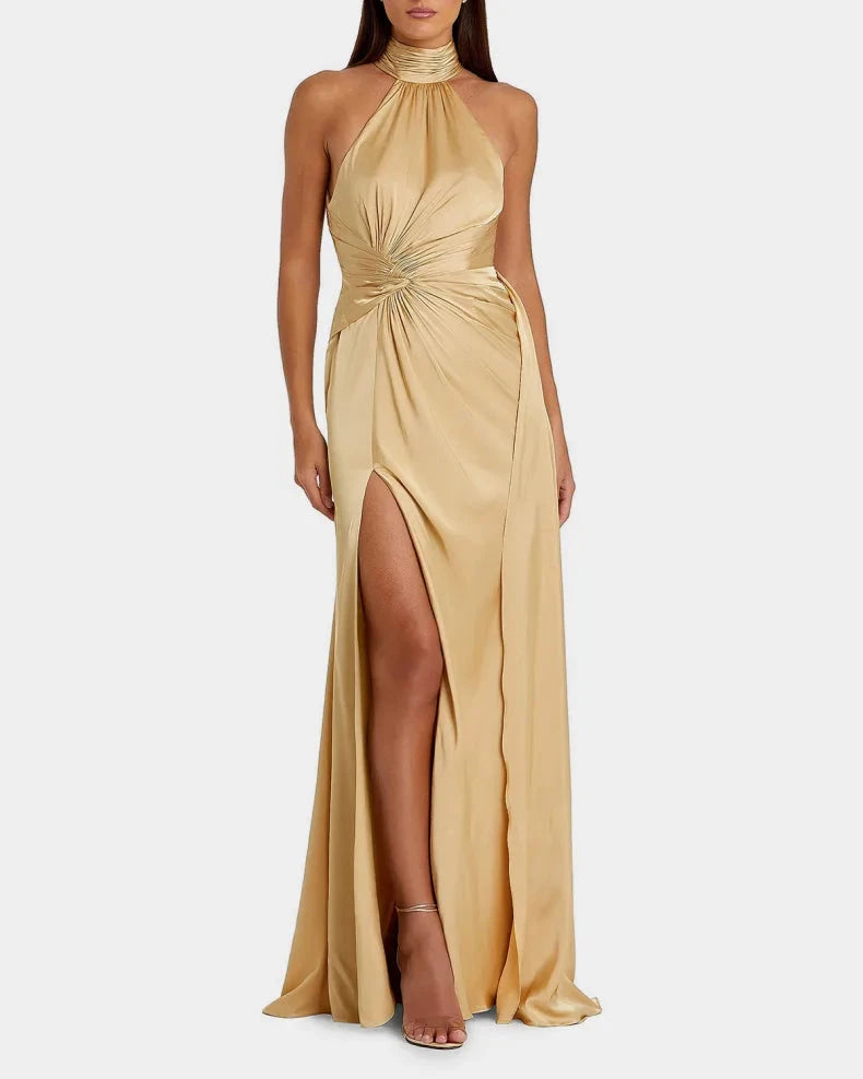 Elegant Timeless Champagne Satin Column Silhouette Halter Neck Ruched Waist High Side Slit Floor-Length Evening Dress by LANQI DRESS