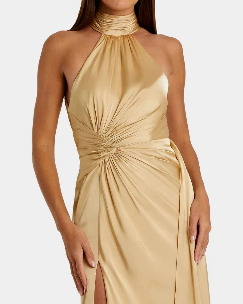 Elegant Timeless Champagne Satin Column Silhouette Halter Neck Ruched Waist High Side Slit Floor-Length Evening Dress by LANQI DRESS