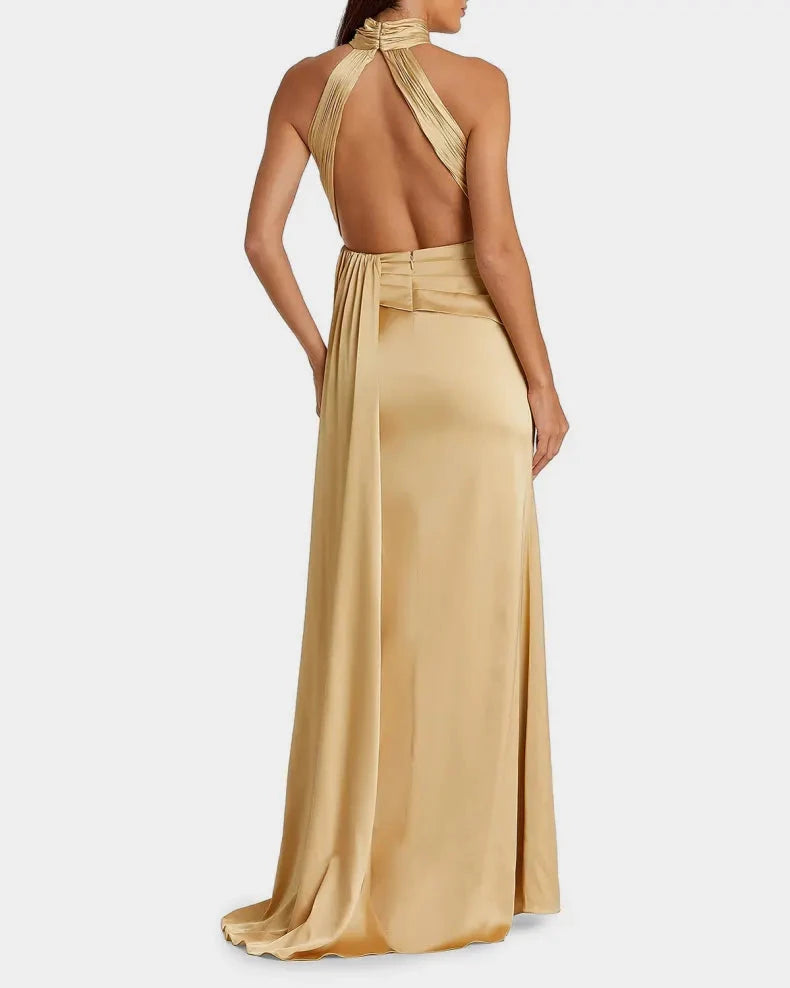 Elegant Timeless Champagne Satin Column Silhouette Halter Neck Ruched Waist High Side Slit Floor-Length Evening Dress by LANQI DRESS