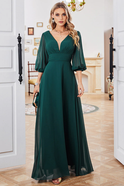 Elegant V-Neck Puff Sleeve Ruched Chiffon A-Line Mother of the Bride Dress