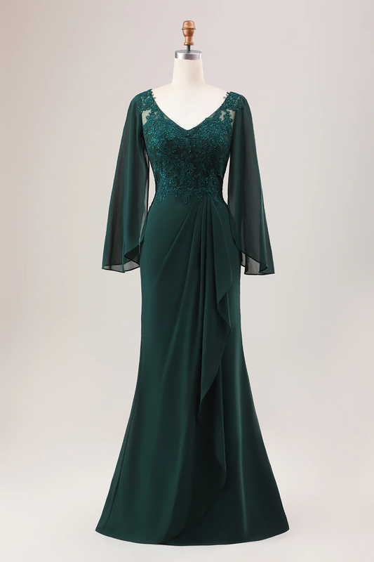 Elegant V-Neck Sheer Bell Sleeve Lace Beaded Applique Mermaid Mother of the Bride Dress