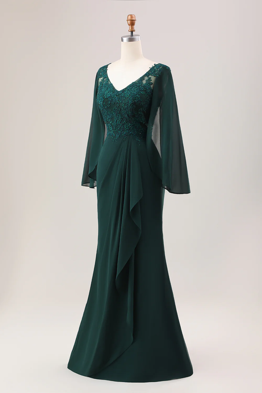 Elegant V-Neck Sheer Bell Sleeve Lace Beaded Applique Mermaid Mother of the Bride Dress