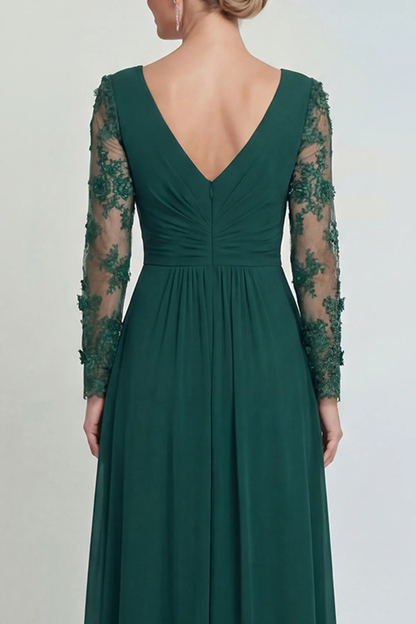 Elegant V-Neck Sheer Long Sleeve Lace Applique Ruched Chiffon Slit Mother of the Bride Dress