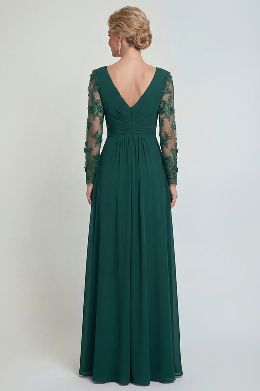 Elegant V-Neck Sheer Long Sleeve Lace Applique Ruched Chiffon Slit Mother of the Bride Dress