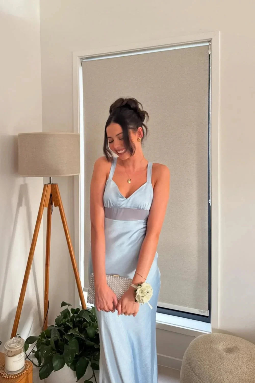 Elegant V-Neck Spaghetti Strap Satin Mermaid Prom Dress with Sheer Waist Panel & Open Tie-Back in Sky Blue by JiMiss Dresses