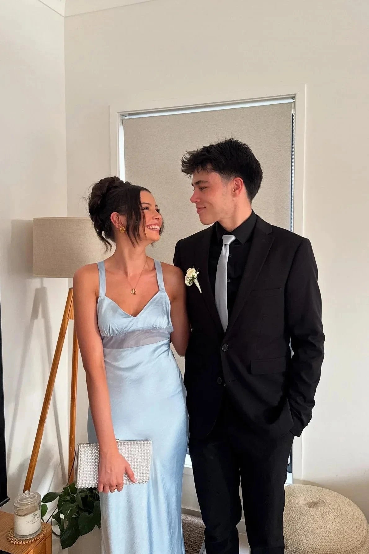 Elegant V-Neck Spaghetti Strap Satin Mermaid Prom Dress with Sheer Waist Panel & Open Tie-Back in Sky Blue by JiMiss Dresses