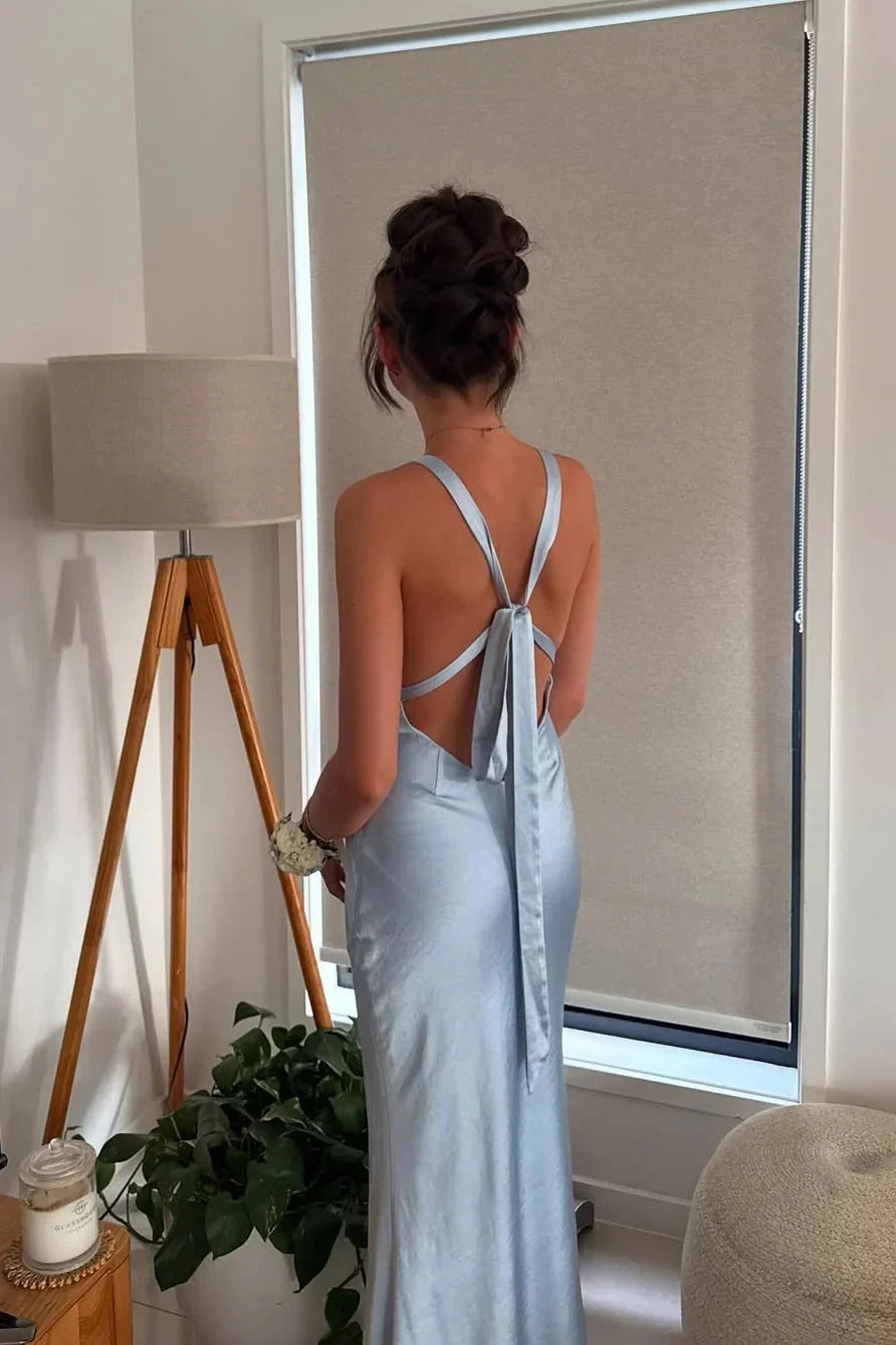 Elegant V-Neck Spaghetti Strap Satin Mermaid Prom Dress with Sheer Waist Panel & Open Tie-Back in Sky Blue by JiMiss Dresses