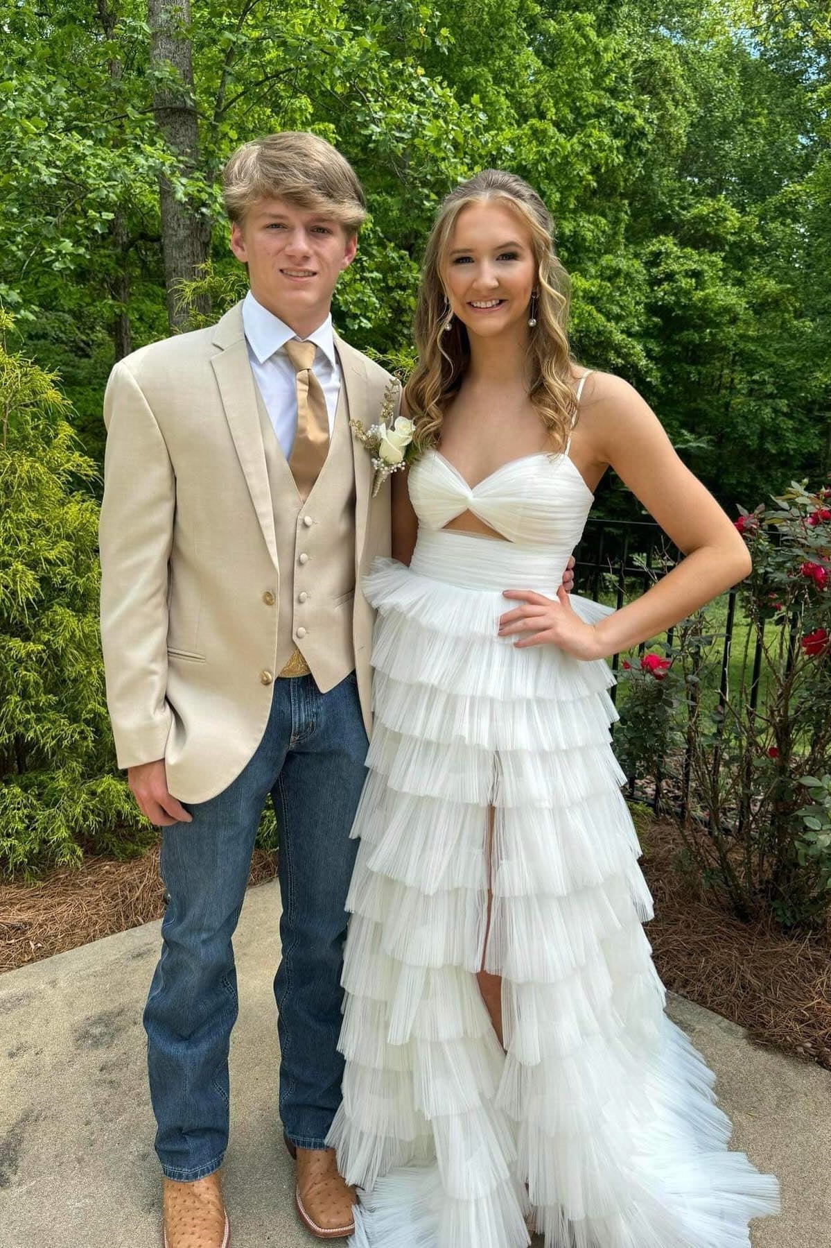 Elegant V-Neck Tiered Ruffle Prom Dress with Cutout Bodice & High Thigh Slit by JiMiss Dresses