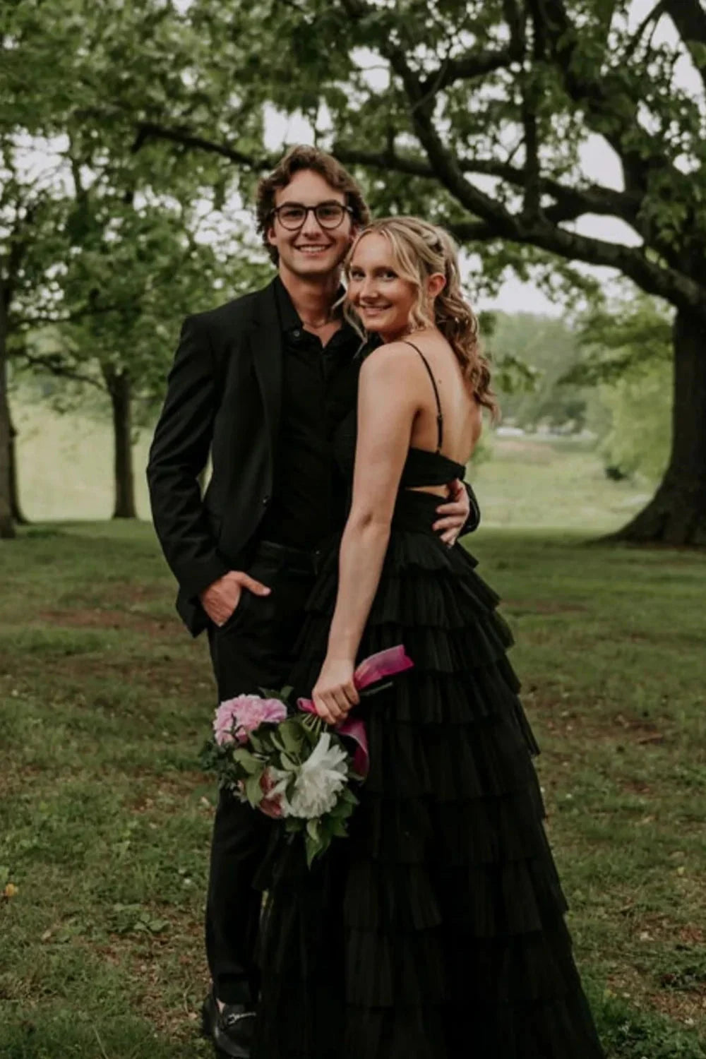 Elegant V-Neck Tiered Ruffle Prom Dress with Cutout Bodice & High Thigh Slit by JiMiss Dresses