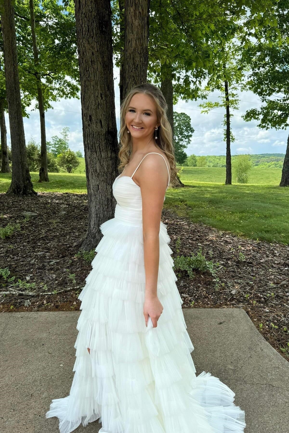 Elegant V-Neck Tiered Ruffle Prom Dress with Cutout Bodice & High Thigh Slit by JiMiss Dresses