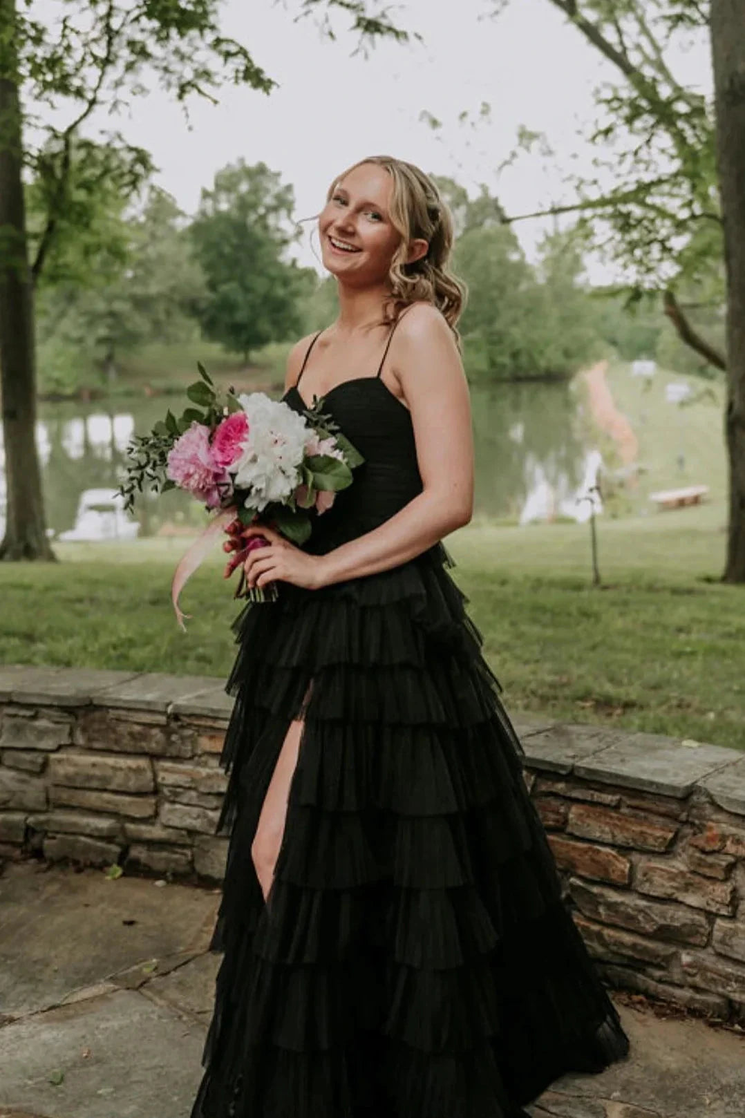 Elegant V-Neck Tiered Ruffle Prom Dress with Cutout Bodice & High Thigh Slit by JiMiss Dresses