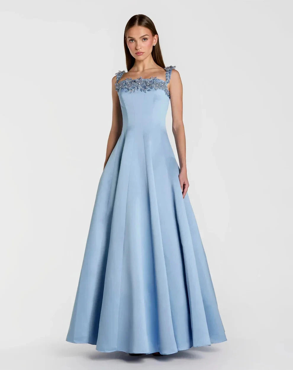 Elegant Voluminous A-Line Silhouette Square Neck Beaded Lace Strap Satin Maxi Evening Dress by LANQI DRESS