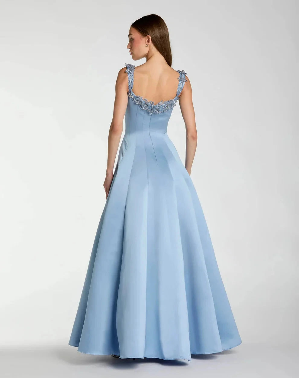 Elegant Voluminous A-Line Silhouette Square Neck Beaded Lace Strap Satin Maxi Evening Dress by LANQI DRESS