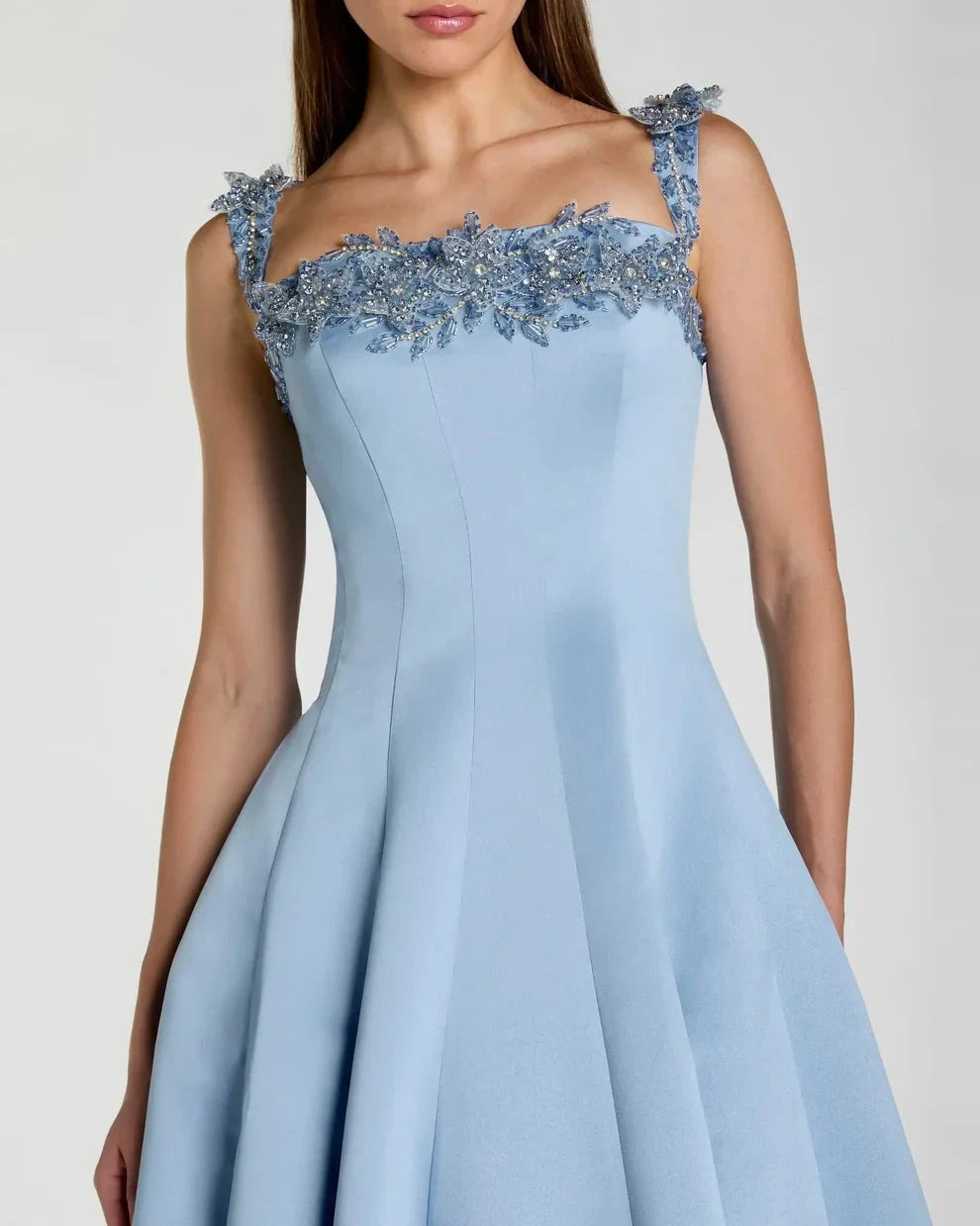 Elegant Voluminous A-Line Silhouette Square Neck Beaded Lace Strap Satin Maxi Evening Dress by LANQI DRESS