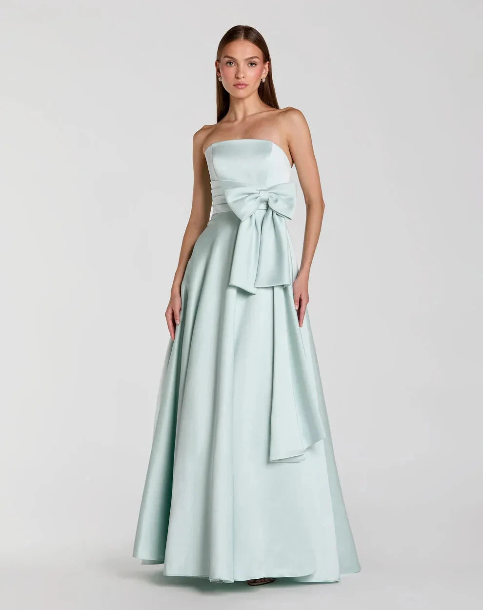 Elegant Voluminous Ball Gown Strapless Satin Oversized Bow Maxi Evening Dress by LANQI DRESS