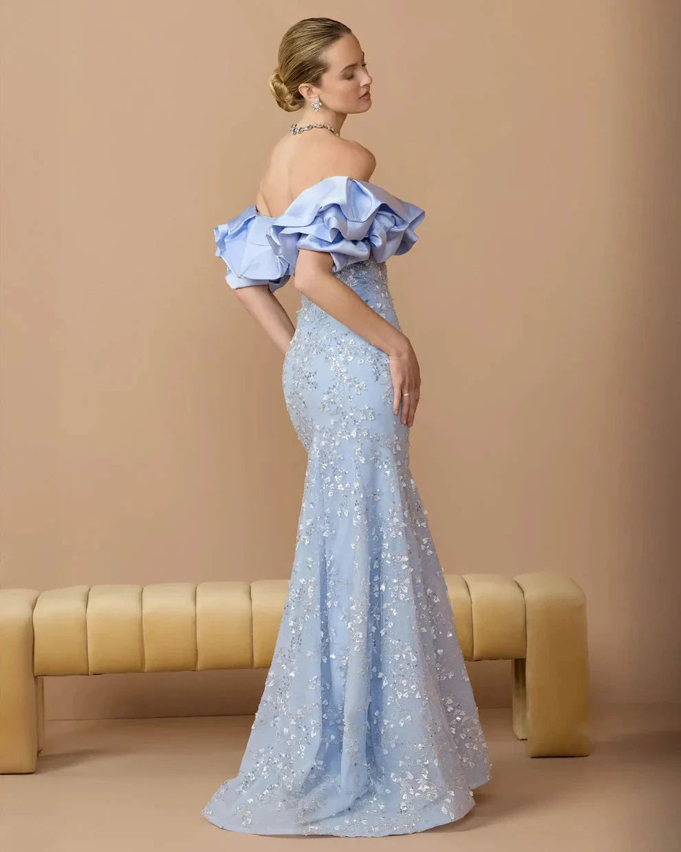 Elegant Voluminous Mermaid Silhouette Off-the-Shoulder Ruffle Sleeve Sequin Maxi Evening Dress by LANQI DRESS