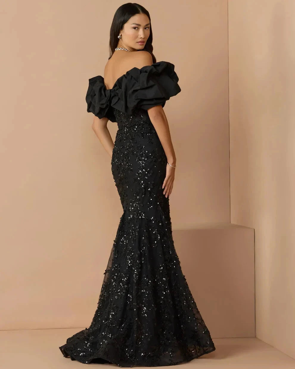 Elegant Voluminous Mermaid Silhouette Off-the-Shoulder Ruffle Sleeve Sequin Maxi Evening Dress by LANQI DRESS