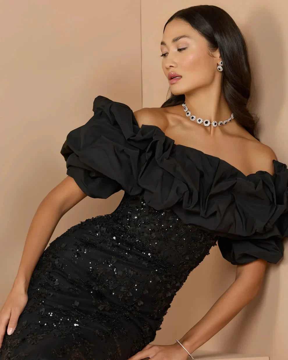 Elegant Voluminous Mermaid Silhouette Off-the-Shoulder Ruffle Sleeve Sequin Maxi Evening Dress by LANQI DRESS