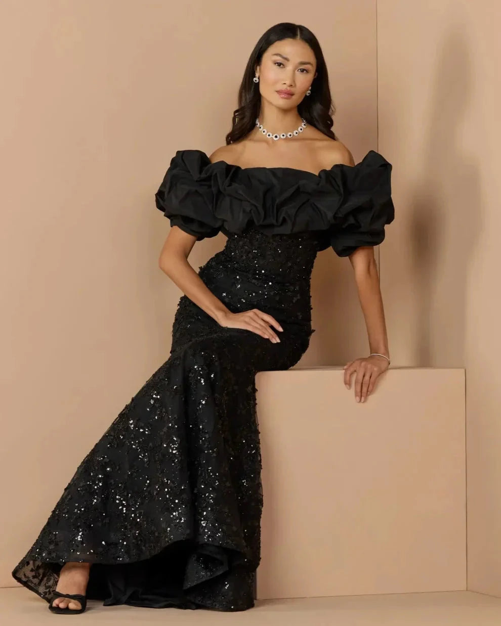 Elegant Voluminous Mermaid Silhouette Off-the-Shoulder Ruffle Sleeve Sequin Maxi Evening Dress by LANQI DRESS