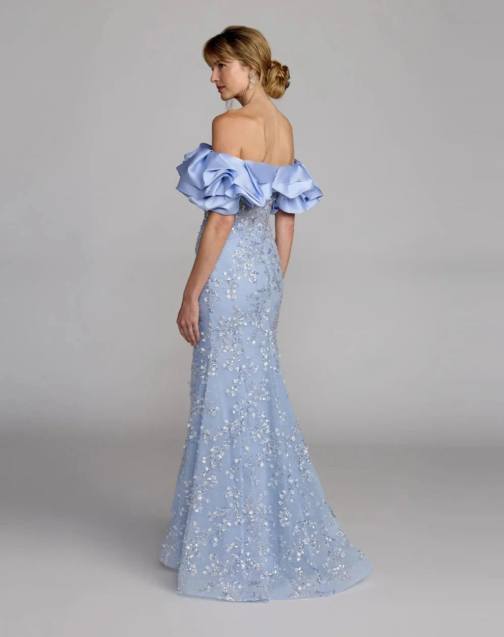 Elegant Voluminous Mermaid Silhouette Off-the-Shoulder Ruffle Sleeve Sequin Maxi Evening Dress by LANQI DRESS