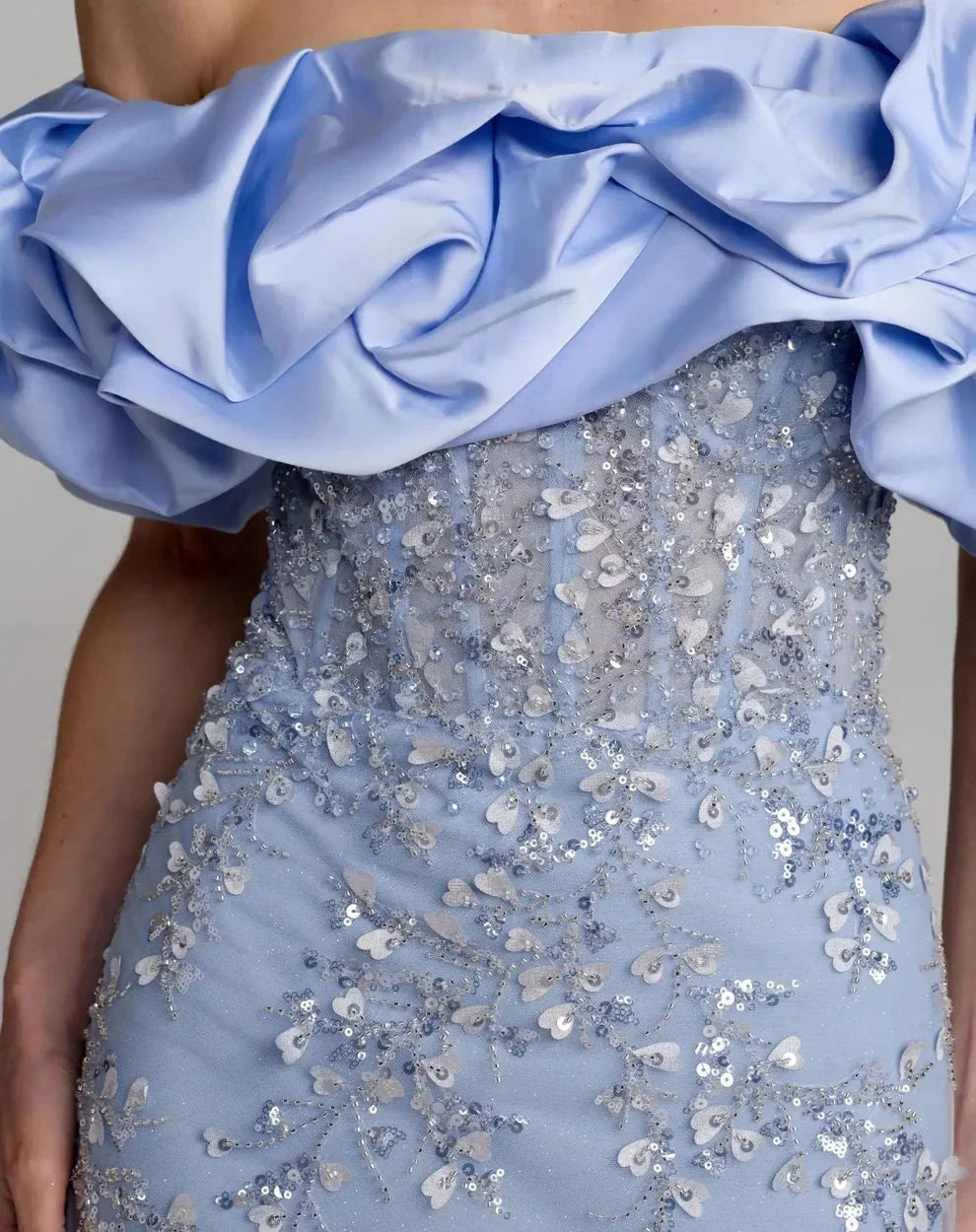 Elegant Voluminous Mermaid Silhouette Off-the-Shoulder Ruffle Sleeve Sequin Maxi Evening Dress by LANQI DRESS